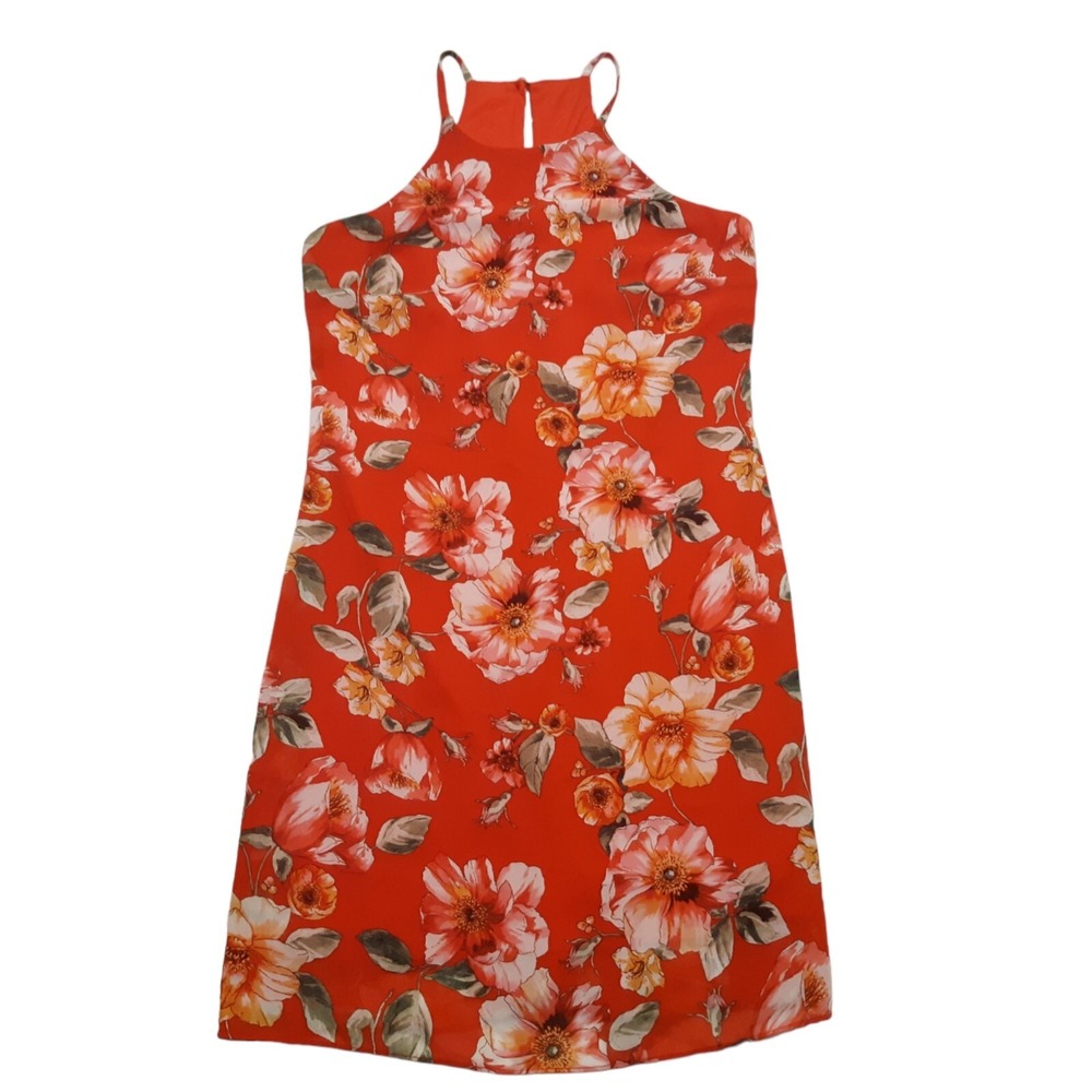 BCX Floral Halter Dress Womens XS Red Sleeveless‎ High Neck Romantic Shift Mini